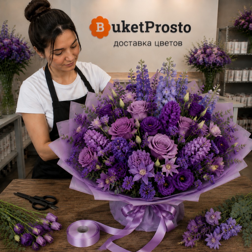 Флорист собирает букет из фиолетовых цветов в «Букет Просто»